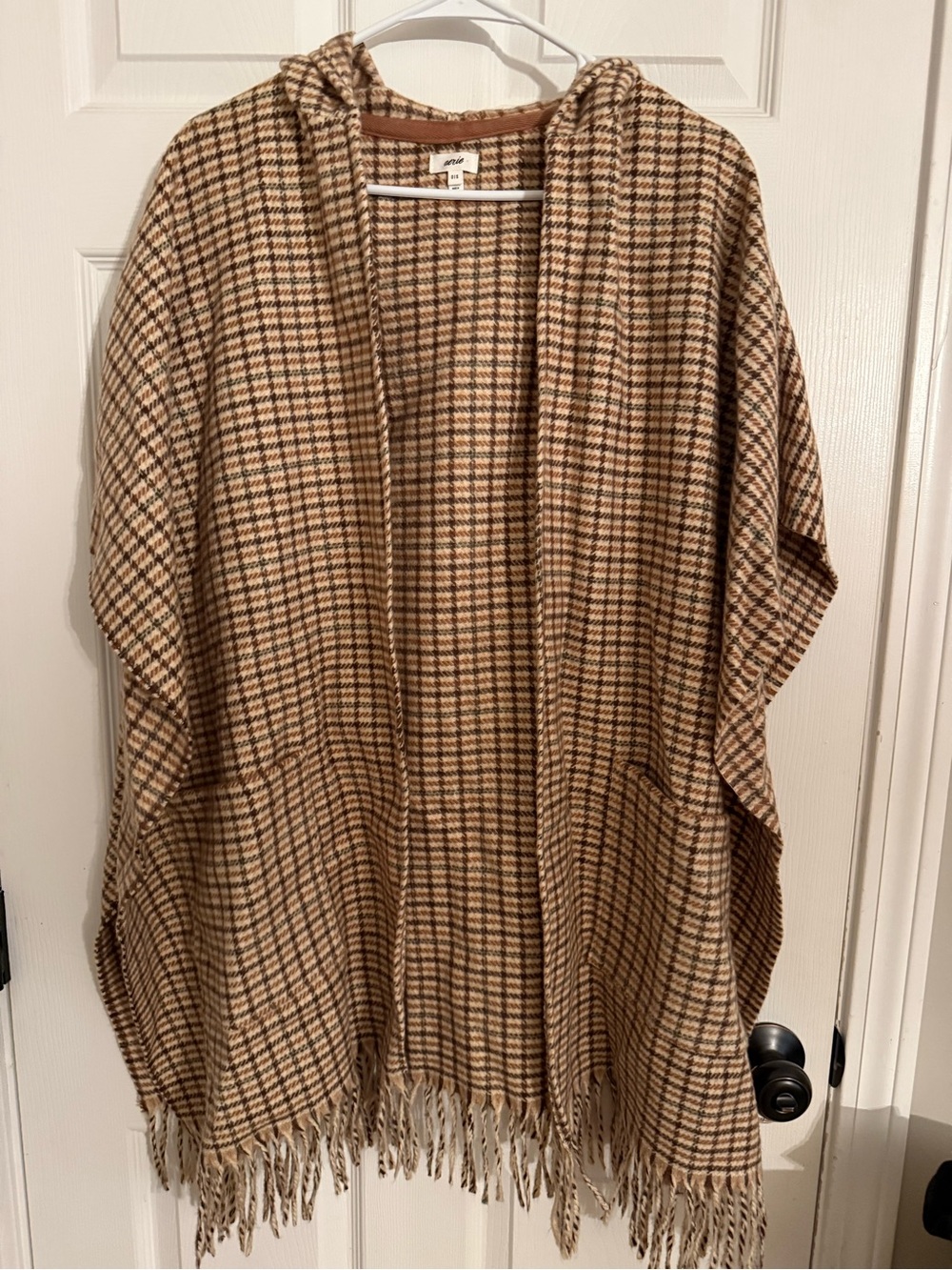 aerie Hooded Plaid Fringe Poncho in Tan and Brown
